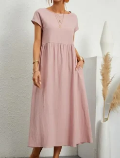 Sale Women's ArmyGreen Black White Summer Spring Midi Dress Cotton Linen Dresses Casual Dress Cotton Summer Dress Basic Classic Casual Outdoor Daily Loose Fit Plain Crew Neck Women Dresses
