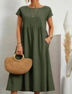 Sale Women's ArmyGreen Black White Summer Spring Midi Dress Cotton Linen Dresses Casual Dress Cotton Summer Dress Basic Classic Casual Outdoor Daily Loose Fit Plain Crew Neck Women Dresses