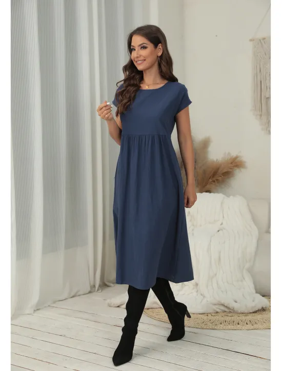 Sale Women's ArmyGreen Black White Summer Spring Midi Dress Cotton Linen Dresses Casual Dress Cotton Summer Dress Basic Classic Casual Outdoor Daily Loose Fit Plain Crew Neck Women Dresses