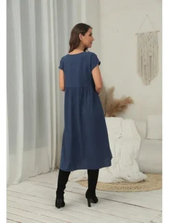 Sale Women's ArmyGreen Black White Summer Spring Midi Dress Cotton Linen Dresses Casual Dress Cotton Summer Dress Basic Classic Casual Outdoor Daily Loose Fit Plain Crew Neck Women Dresses