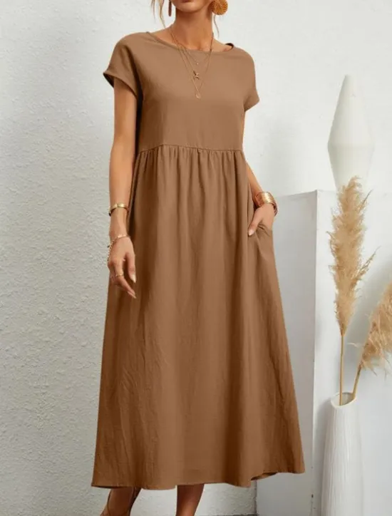 Sale Women's ArmyGreen Black White Summer Spring Midi Dress Cotton Linen Dresses Casual Dress Cotton Summer Dress Basic Classic Casual Outdoor Daily Loose Fit Plain Crew Neck Women Dresses