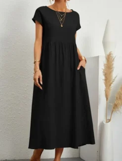 Sale Women's ArmyGreen Black White Summer Spring Midi Dress Cotton Linen Dresses Casual Dress Cotton Summer Dress Basic Classic Casual Outdoor Daily Loose Fit Plain Crew Neck Women Dresses