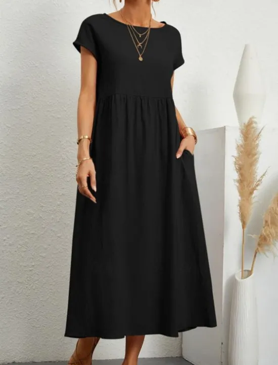 Sale Women's ArmyGreen Black White Summer Spring Midi Dress Cotton Linen Dresses Casual Dress Cotton Summer Dress Basic Classic Casual Outdoor Daily Loose Fit Plain Crew Neck Women Dresses