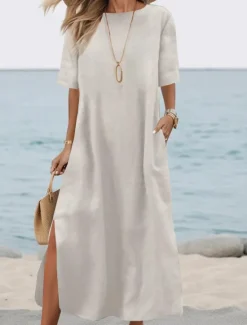 Discount Women's ArmyGreen Black White Summer Spring Fall Maxi Dress White Dress Cotton Linen Dresses Basic Casual Outdoor Daily Loose Fit Plain Crew Neck Women Dresses|White Dresses