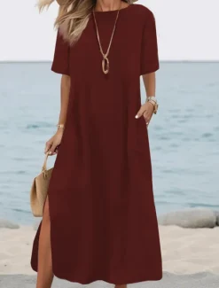 Discount Women's ArmyGreen Black White Summer Spring Fall Maxi Dress White Dress Cotton Linen Dresses Basic Casual Outdoor Daily Loose Fit Plain Crew Neck Women Dresses|White Dresses