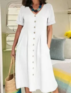 Discount Women's ArmyGreen Black White Summer Spring Midi Dress White Dress Cotton Linen Dresses Shirt Dress Basic Modern Daily Weekend Loose Fit Plain V Neck Women Dresses|White Dresses