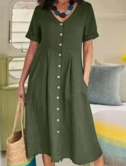 Discount Women's ArmyGreen Black White Summer Spring Midi Dress White Dress Cotton Linen Dresses Shirt Dress Basic Modern Daily Weekend Loose Fit Plain V Neck Women Dresses|White Dresses