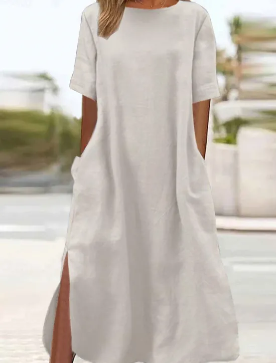 Outlet Women's ArmyGreen Black Wine Summer Spring Maxi long Dress Linen-Inspired Dresses Casual Dress Daily Basic Casual Home Daily Beach Loose Fit Plain Crew Neck Women Dresses