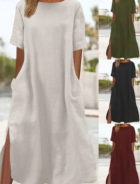 Outlet Women's ArmyGreen Black Wine Summer Spring Maxi long Dress Linen-Inspired Dresses Casual Dress Daily Basic Casual Home Daily Beach Loose Fit Plain Crew Neck Women Dresses