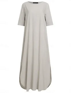 Outlet Women's ArmyGreen Black Wine Summer Spring Maxi long Dress Linen-Inspired Dresses Casual Dress Daily Basic Casual Home Daily Beach Loose Fit Plain Crew Neck Women Dresses