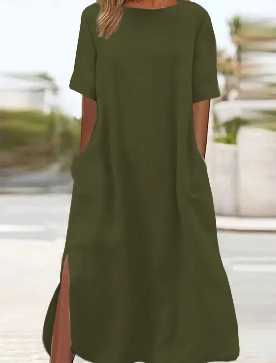 Outlet Women's ArmyGreen Black Wine Summer Spring Maxi long Dress Linen-Inspired Dresses Casual Dress Daily Basic Casual Home Daily Beach Loose Fit Plain Crew Neck Women Dresses