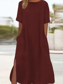 Outlet Women's ArmyGreen Black Wine Summer Spring Maxi long Dress Linen-Inspired Dresses Casual Dress Daily Basic Casual Home Daily Beach Loose Fit Plain Crew Neck Women Dresses
