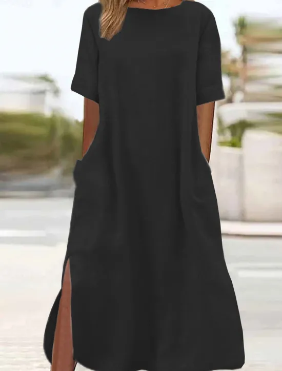 Outlet Women's ArmyGreen Black Wine Summer Spring Maxi long Dress Linen-Inspired Dresses Casual Dress Daily Basic Casual Home Daily Beach Loose Fit Plain Crew Neck Women Dresses