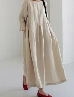Online Women's ArmyGreen Black Yellow Summer Spring Fall Maxi Dress Cotton Linen Dresses Casual Dress Cotton Summer Dress Casual Daily Casual Street Style Outdoor Vacation Daily Loose Fit Plain Crew Neck Women Dresses