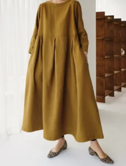 Online Women's ArmyGreen Black Yellow Summer Spring Fall Maxi Dress Cotton Linen Dresses Casual Dress Cotton Summer Dress Casual Daily Casual Street Style Outdoor Vacation Daily Loose Fit Plain Crew Neck Women Dresses