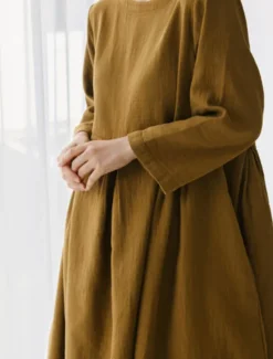Online Women's ArmyGreen Black Yellow Summer Spring Fall Maxi Dress Cotton Linen Dresses Casual Dress Cotton Summer Dress Casual Daily Casual Street Style Outdoor Vacation Daily Loose Fit Plain Crew Neck Women Dresses