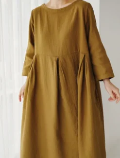 Online Women's ArmyGreen Black Yellow Summer Spring Fall Maxi Dress Cotton Linen Dresses Casual Dress Cotton Summer Dress Casual Daily Casual Street Style Outdoor Vacation Daily Loose Fit Plain Crew Neck Women Dresses
