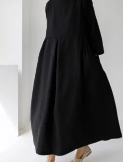 Online Women's ArmyGreen Black Yellow Summer Spring Fall Maxi Dress Cotton Linen Dresses Casual Dress Cotton Summer Dress Casual Daily Casual Street Style Outdoor Vacation Daily Loose Fit Plain Crew Neck Women Dresses