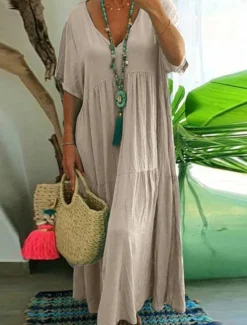 Online Women's ArmyGreen Orange khaki Summer Maxi Dress Linen-Inspired Dresses Elegant Fashion Office Daily Loose Fit V Neck Women Dresses