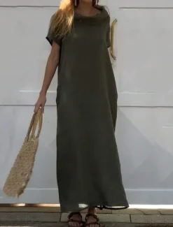 Best Women's ArmyGreen Pink Blue Summer Spring Maxi Dress Linen-Inspired Dresses Casual Dress Cotton Linen Dress Basic Modern Daily Weekend Loose Fit Plain Crew Neck Women Dresses