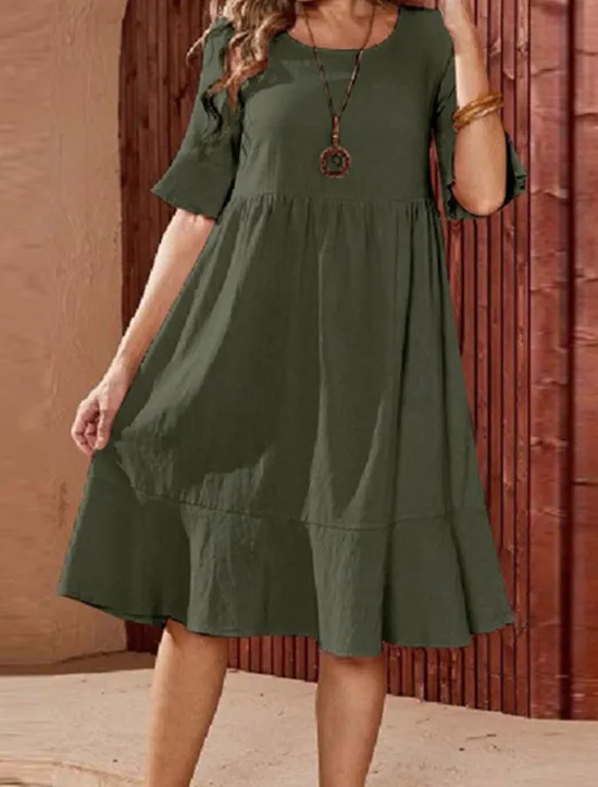 Online Women's ArmyGreen Pink Navy Blue Summer Spring Midi Dress Cotton Linen Dresses Casual Dress Cotton Summer Dress Basic Modern Daily Weekend Loose Fit Plain Crew Neck Women Dresses