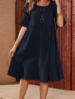 Online Women's ArmyGreen Pink Navy Blue Summer Spring Midi Dress Cotton Linen Dresses Casual Dress Cotton Summer Dress Basic Modern Daily Weekend Loose Fit Plain Crew Neck Women Dresses
