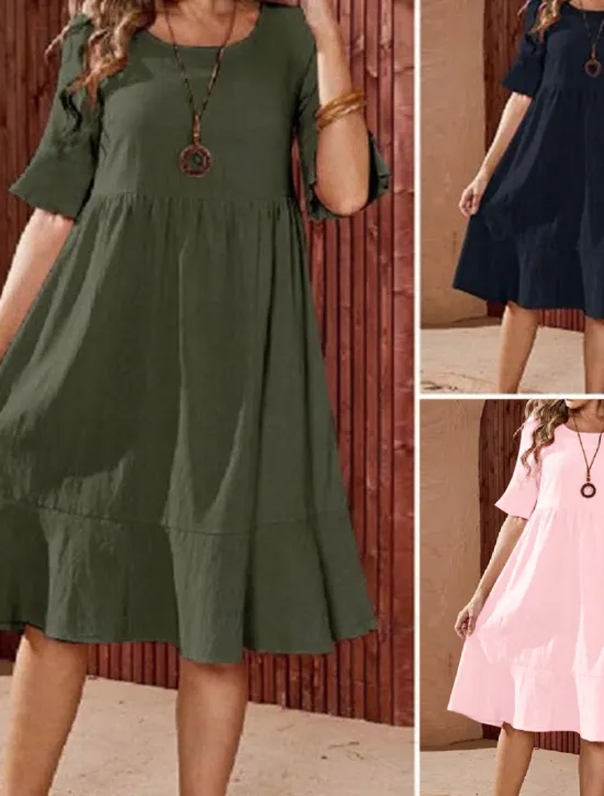 Online Women's ArmyGreen Pink Navy Blue Summer Spring Midi Dress Cotton Linen Dresses Casual Dress Cotton Summer Dress Basic Modern Daily Weekend Loose Fit Plain Crew Neck Women Dresses