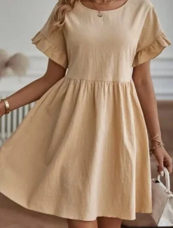 Online Women's ArmyGreen Red Navy Blue Summer Spring Mini Dress Linen-Inspired Dresses Casual Dress Cotton Linen Dress Basic Modern Casual Daily Weekend Loose Fit Plain Crew Neck Women Dresses