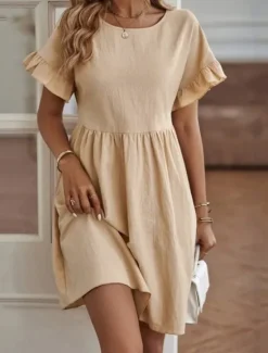 Online Women's ArmyGreen Red Navy Blue Summer Spring Mini Dress Linen-Inspired Dresses Casual Dress Cotton Linen Dress Basic Modern Casual Daily Weekend Loose Fit Plain Crew Neck Women Dresses