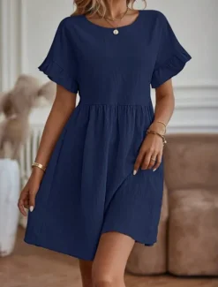 Online Women's ArmyGreen Red Navy Blue Summer Spring Mini Dress Linen-Inspired Dresses Casual Dress Cotton Linen Dress Basic Modern Casual Daily Weekend Loose Fit Plain Crew Neck Women Dresses