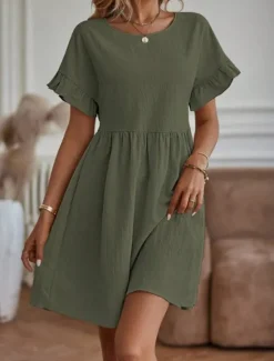 Online Women's ArmyGreen Red Navy Blue Summer Spring Mini Dress Linen-Inspired Dresses Casual Dress Cotton Linen Dress Basic Modern Casual Daily Weekend Loose Fit Plain Crew Neck Women Dresses