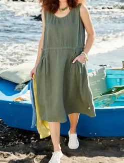 Discount Women's Summer Spring Midi Dress Linen-Inspired Dresses Casual Dress Tank Dress Basic Modern Casual Daily Weekend Loose Fit Plain Crew Neck Women Dresses