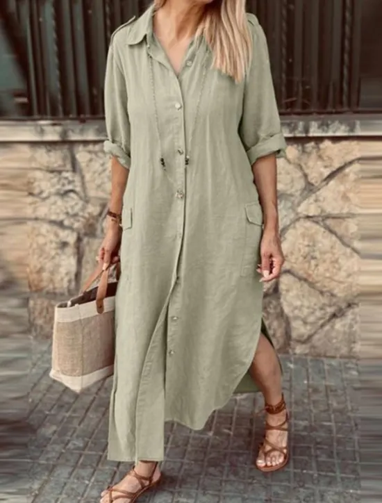 Clearance Women's ArmyGreen White khaki Spring Fall Maxi Dress Linen-Inspired Dresses Elegant Fashion Outdoor Party Loose Fit Shirt Collar Women Dresses