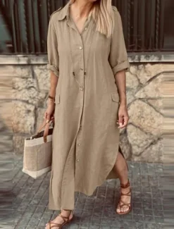 Clearance Women's ArmyGreen White khaki Spring Fall Maxi Dress Linen-Inspired Dresses Elegant Fashion Outdoor Party Loose Fit Shirt Collar Women Dresses