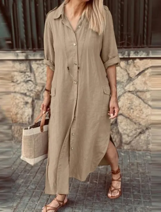 Clearance Women's ArmyGreen White khaki Spring Fall Maxi Dress Linen-Inspired Dresses Elegant Fashion Outdoor Party Loose Fit Shirt Collar Women Dresses