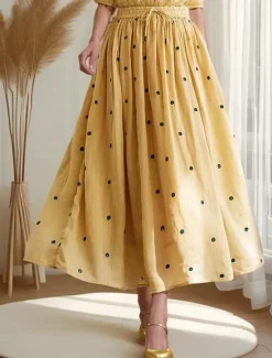 Online Women's Asian Size A Line Swing Retro Vintage Casual Midi High Waist Skirts Polka Dot Ruched Pleated Print Micro-elastic Vacation Daily Navy Apricot Yellow Orange Spring, Fall, Winter, Summer Linen Women Skirts