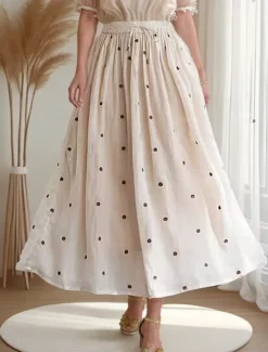 Online Women's Asian Size A Line Swing Retro Vintage Casual Midi High Waist Skirts Polka Dot Ruched Pleated Print Micro-elastic Vacation Daily Navy Apricot Yellow Orange Spring, Fall, Winter, Summer Linen Women Skirts