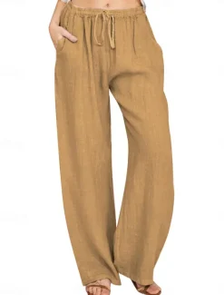 Discount Women's Asian Size Cotton Linen Shorts Linen-Inspired Pants Cotton Linen Pants Simple Full Length Medium Waist Solid Color Patchwork Drawstring Comfy Quick Dry Breathability Micro-elastic Athleisure Women Pants