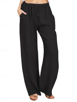 Discount Women's Asian Size Cotton Linen Shorts Linen-Inspired Pants Cotton Linen Pants Simple Full Length Medium Waist Solid Color Patchwork Drawstring Comfy Quick Dry Breathability Micro-elastic Athleisure Women Pants
