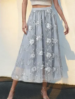 Discount Women's Asian Size Swing Gauze Skirts Fashion Cute Midi High Waist Skirts Solid Colored Pleated Embroidered Flower Micro-elastic Daily Date Apricot Black Pink Blue Spring, Fall, Winter, Summer Women Skirts