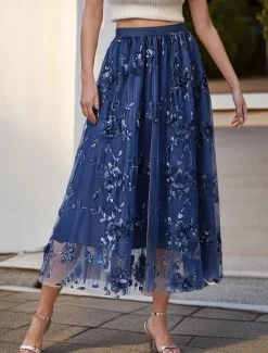 Discount Women's Asian Size Swing Gauze Skirts Fashion Cute Midi High Waist Skirts Solid Colored Pleated Embroidered Flower Micro-elastic Daily Date Apricot Black Pink Blue Spring, Fall, Winter, Summer Women Skirts