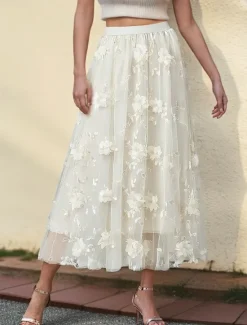 Discount Women's Asian Size Swing Gauze Skirts Fashion Cute Midi High Waist Skirts Solid Colored Pleated Embroidered Flower Micro-elastic Daily Date Apricot Black Pink Blue Spring, Fall, Winter, Summer Women Skirts