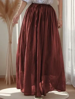 Clearance Women's Asian Size Swing Long Skirt Casual Long Maxi High Waist Skirts Solid Colored Ruched Pleated Flowy Micro-elastic Vacation Daily Black White Dark Red Purple Spring, Fall, Winter, Summer Linen Women Skirts
