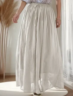 Clearance Women's Asian Size Swing Long Skirt Casual Long Maxi High Waist Skirts Solid Colored Ruched Pleated Flowy Micro-elastic Vacation Daily Black White Dark Red Purple Spring, Fall, Winter, Summer Linen Women Skirts