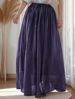 Clearance Women's Asian Size Swing Long Skirt Casual Long Maxi High Waist Skirts Solid Colored Ruched Pleated Flowy Micro-elastic Vacation Daily Black White Dark Red Purple Spring, Fall, Winter, Summer Linen Women Skirts