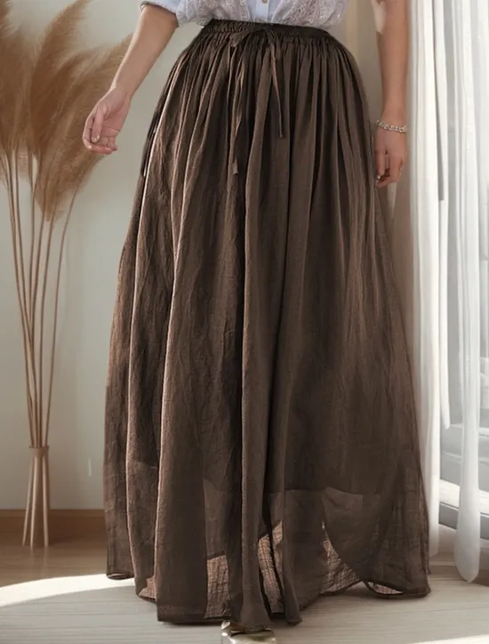 Clearance Women's Asian Size Swing Long Skirt Casual Long Maxi High Waist Skirts Solid Colored Ruched Pleated Flowy Micro-elastic Vacation Daily Black White Dark Red Purple Spring, Fall, Winter, Summer Linen Women Skirts