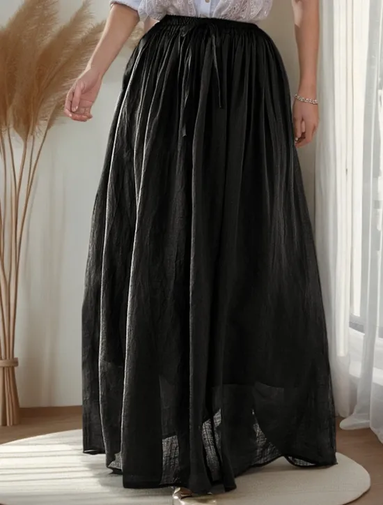 Clearance Women's Asian Size Swing Long Skirt Casual Long Maxi High Waist Skirts Solid Colored Ruched Pleated Flowy Micro-elastic Vacation Daily Black White Dark Red Purple Spring, Fall, Winter, Summer Linen Women Skirts