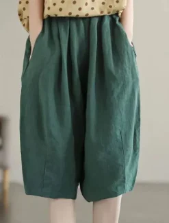 Hot Women's Baggy Shorts Knee Length Solid Color Deep Green Apricot Khaki Summer Women Pants