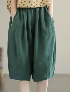 Hot Women's Baggy Shorts Knee Length Solid Color Deep Green Apricot Khaki Summer Women Pants