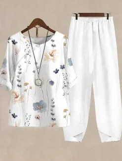 Best Women's Basic Shirt Pants Sets Half Sleeve Round Neck Ombre Floral Graphic Print Holiday Casual Daily Weekend White Yellow Light Blue Summer Regular Fit Women Two Piece Sets
